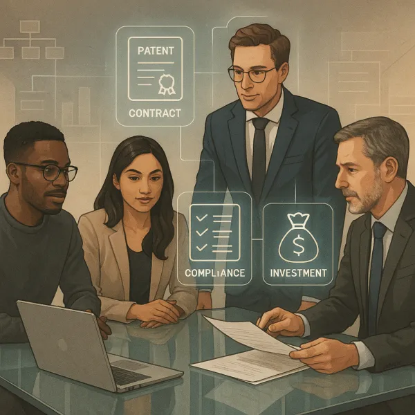 Startup founders and lawyers collaborating with legal and business icons holographically displayed