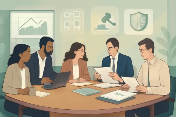 Startup team collaborating with strategy consultants and lawyer on growth and legal compliance