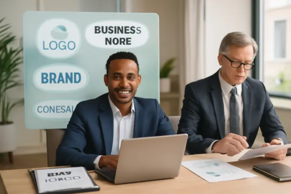 Entrepreneur and lawyer collaborating on DBA filing and brand identity in a modern office.