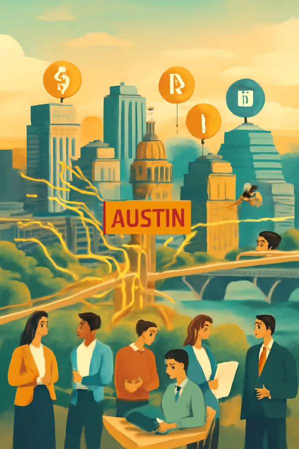 A stylized aerial Austin cityscape integrating tech, innovation, and legal collaboration symbols.