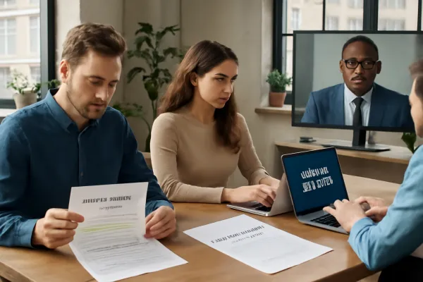 Startup team reviewing vendor contract termination documents with legal counsel in modern office.