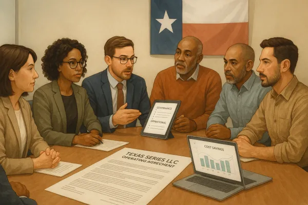 Business team and lawyer reviewing Texas Series LLC operating agreement documents in an office.