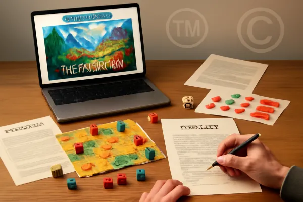 Workspace with tabletop game prototype, legal contracts, and Kickstarter campaign on laptop.