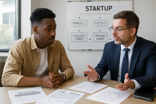 First-time founder consulting legal counsel about startup documents and business structure.