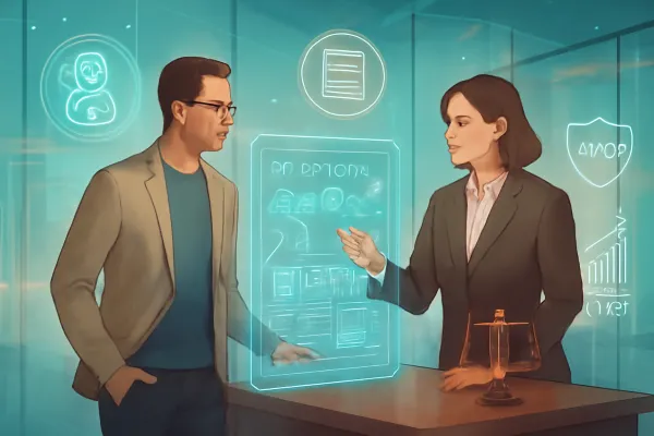 Futuristic legal consultation blending AI, blockchain, and business innovation themes