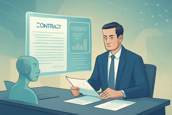 Minimalist futuristic legal office showing human lawyer collaborating with AI holographic interface