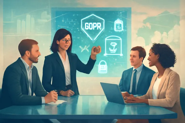 A data lawyer guiding professionals with holographic data privacy and legal icons in a modern office.