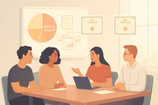 Minimalist office scene showing startup team discussing option pools with pie chart highlights.