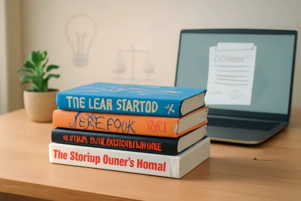 Desk with essential startup books and legal symbols for first-time founders