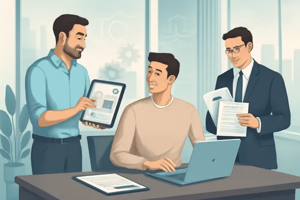 Startup consultant and lawyer collaborate over growth charts and legal documents in modern office.