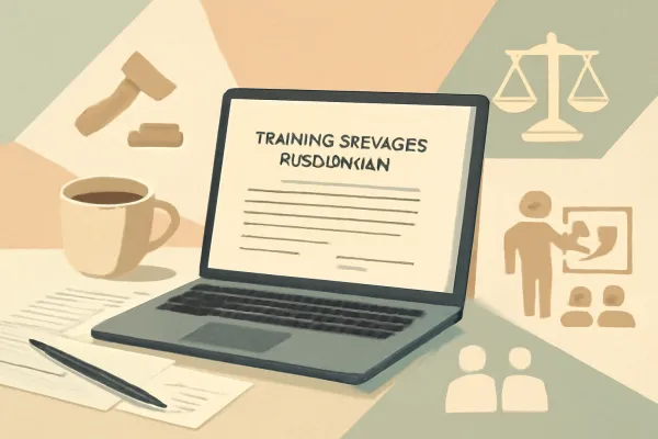 Workspace with a laptop showing training services agreement and legal icons in soft vintage tones