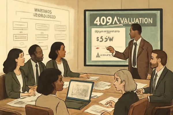 Entrepreneurs and legal experts discussing 409A valuation documents around a conference table.