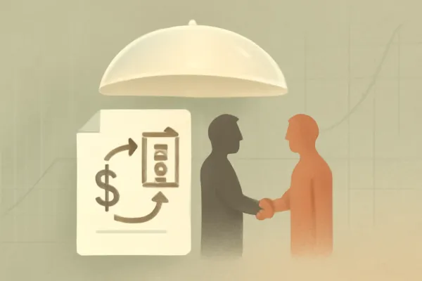 Minimalist vintage-style illustration showing convertible notes with valuation cap and investor-founder handshake