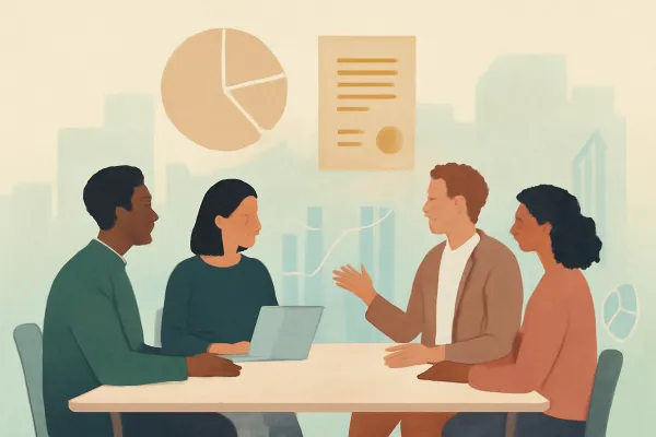 Minimalist startup team sharing equity visually with soft pastel tones and legal symbols