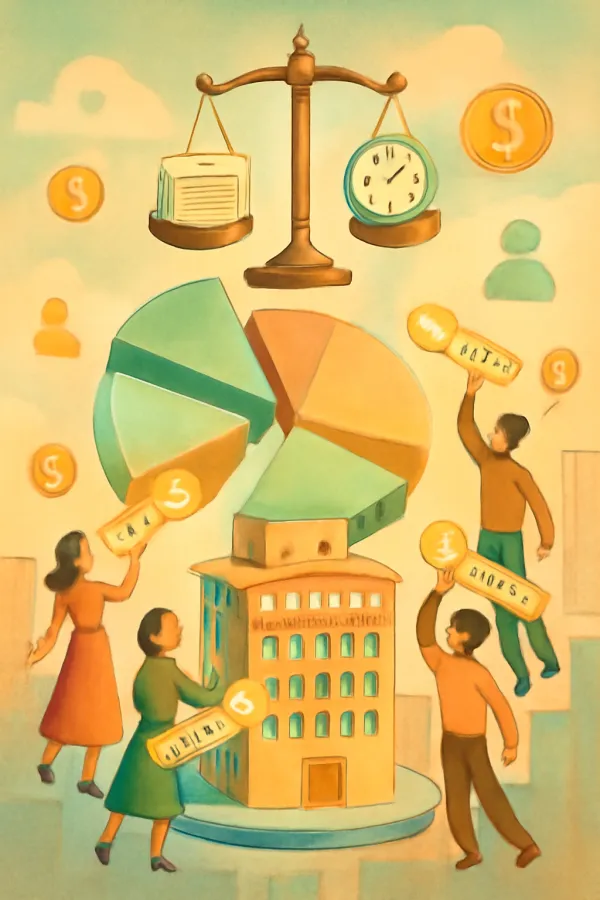 Pastel surreal startup scene visualizing option pool equity, employees, and legal balance.