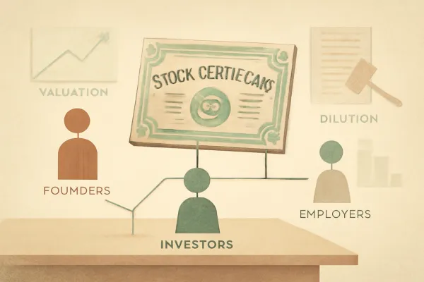 Vintage-style illustration showing stock certificates, ownership distribution, and legal symbols.