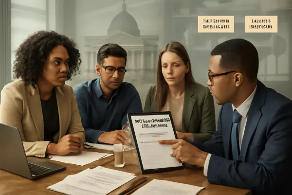 Business team and lawyer reviewing government vendor pay contracts around a table.