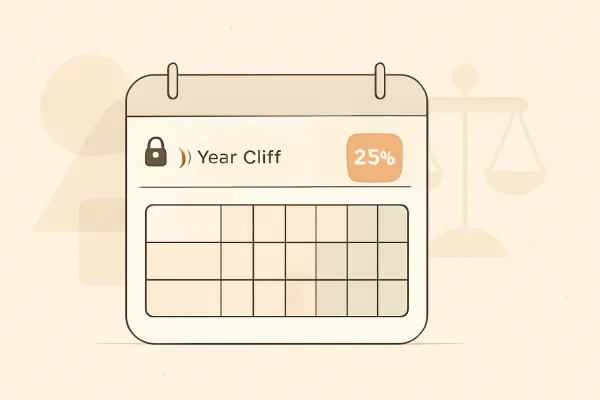 Minimalist graphic of a 4-year cliff vesting calendar with legal scale icons