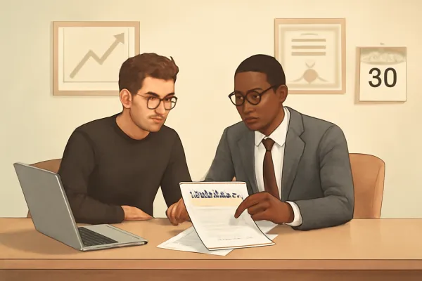 Startup founder and lawyer reviewing 83(b) election form in a modern office.