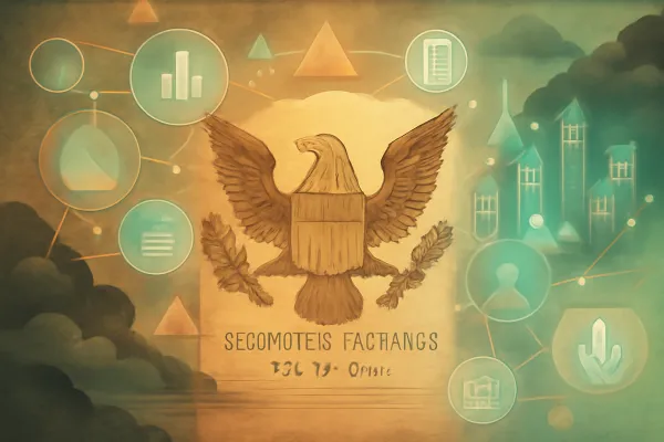 Vintage-styled symbolic artwork of SEC eagle, regulatory symbols, startups, and legal guidance.