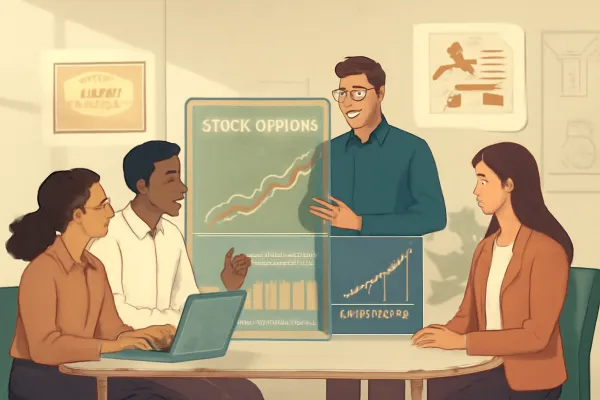 Office scene depicting teamwork, stock options, and legal compliance in a textured vintage style