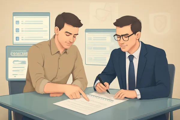 Startup founder and lawyer reviewing a vendor contract with digital contract software on screen