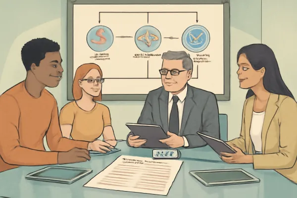 Startup team with lawyer reviewing detailed vendor contracts in a modern office setting