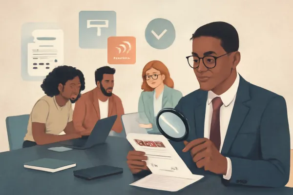Startup team and lawyer reviewing digital vendor contracts with automated tools in modern office