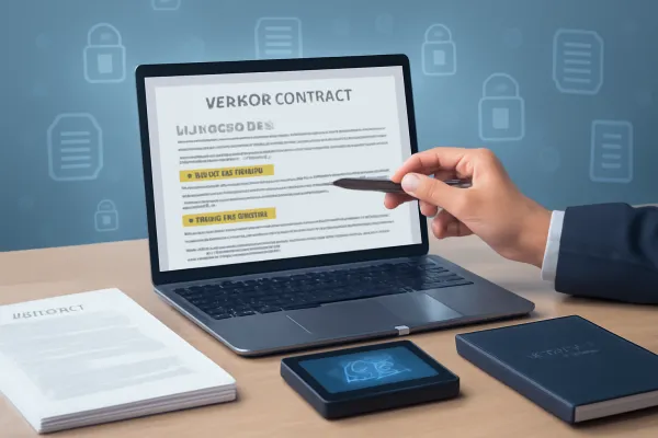 Modern workspace showing a lawyer reviewing a vendor contract PDF on a laptop with digital signature tools.