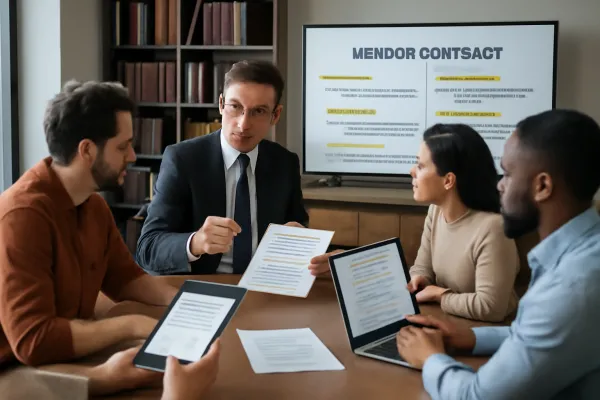 Team reviewing vendor contract templates with a lawyer in a modern office setting