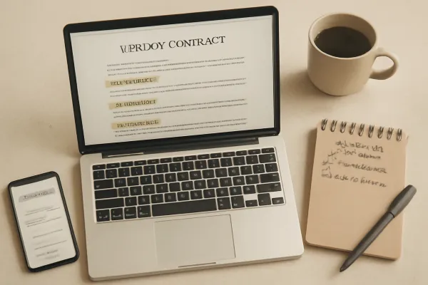 Workspace with vendor contract on laptop surrounded by startup contract tools and checklist