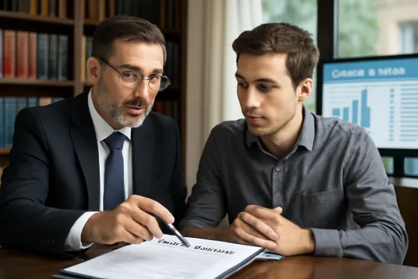 Business lawyer advising startup founder on vendor contract details in modern office