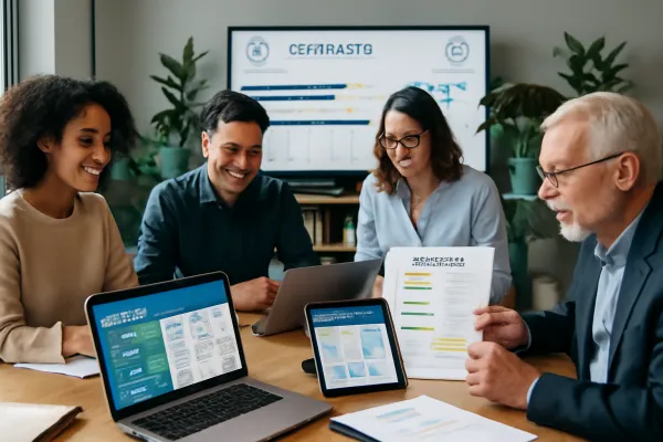 Startup team reviewing vendor contracts with legal counsel and contract management software.