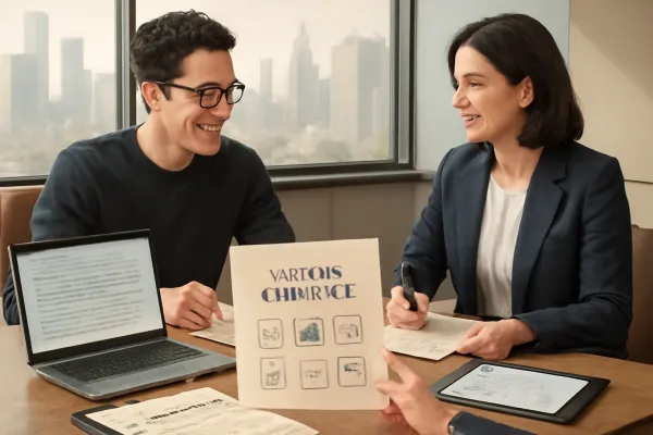 Startup founder and lawyer reviewing vendor contract with digital tools in a modern office.