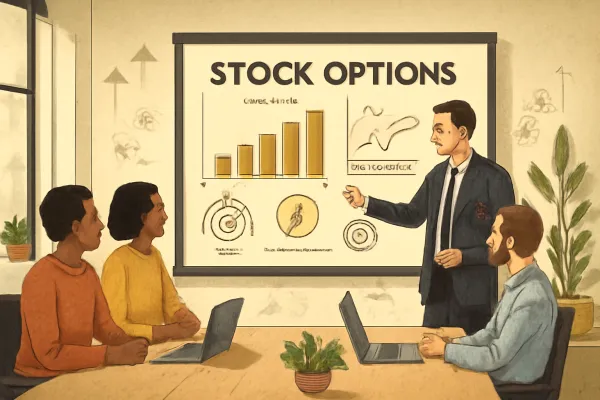 Startups team meeting with lawyer discussing incentive stock options and legal compliance.