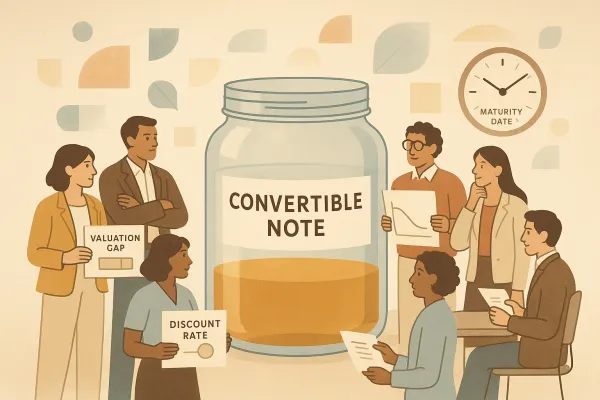 Minimalistic pastel illustration of a startup convertible note concept with founders and legal terms.