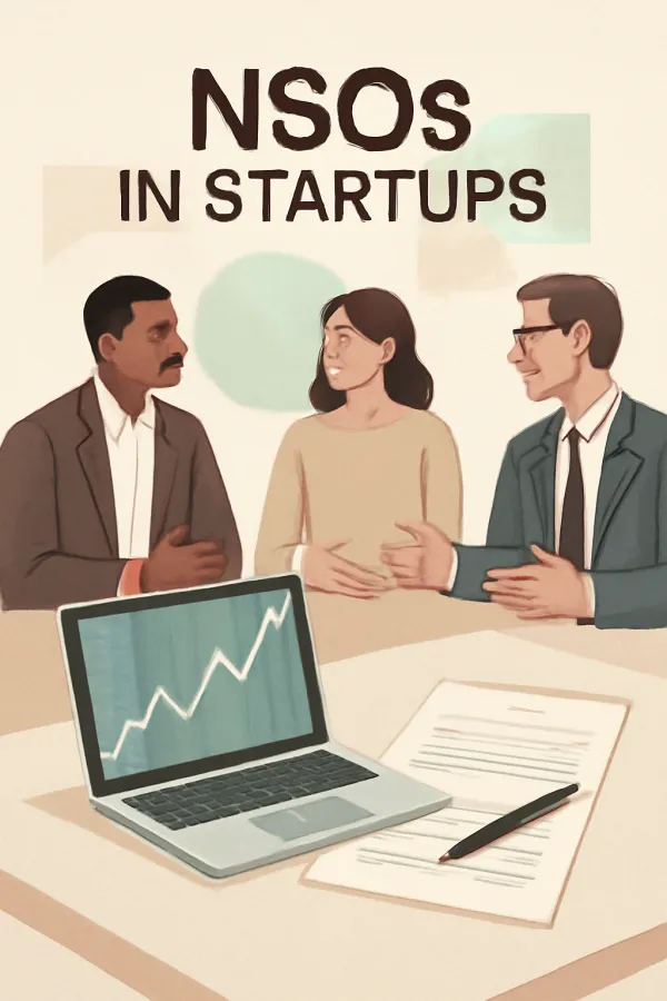 Minimalist office scene with professionals discussing stock options and legal documents