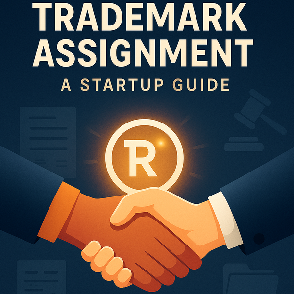 The text above reads 'Trademark Assignment: A Startup Guide' in bold, professional typography.