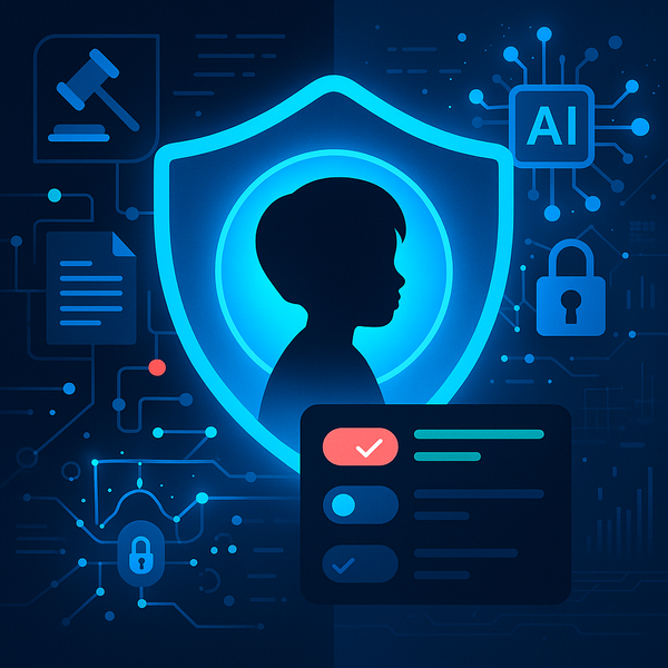 Child in glowing shield with consent icons, AI, and legal symbols showing digital privacy protection.