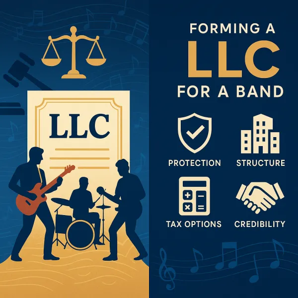 Split image showing band silhouettes blending with legal symbols and LLC icons in navy and gold.