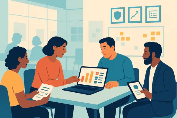 Diverse startup team collaborates around laptop showing colorful charts in modern workspace.