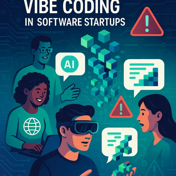 Diverse developers engage with AI tools amid dynamic code blocks and caution symbols in a futuristic digital scene.