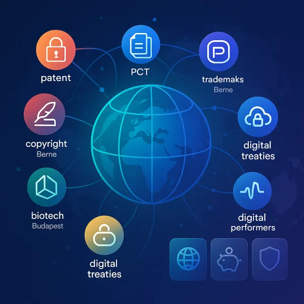 Glowing globe with colorful IP treaty icons connected by translucent, layered digital network lines.
