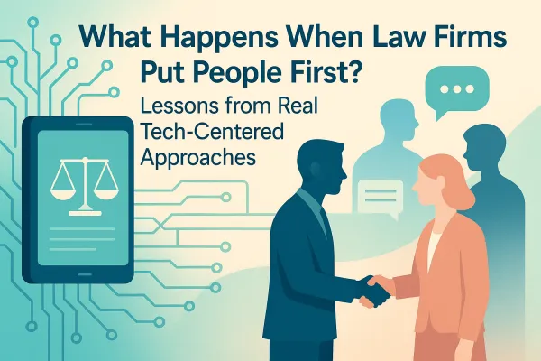 Abstract digital network with human silhouettes symbolizing tech-driven, client-focused legal firm collaboration.