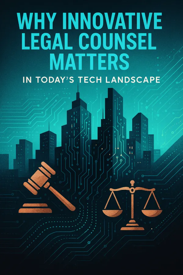 Futuristic cityscape with neon blue and green tech patterns, rose gold legal icons, and bold cyan text.