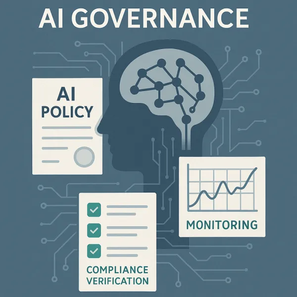 Slate-blue AI neural network with circuits, overlaid legal documents, charts, emerald accents