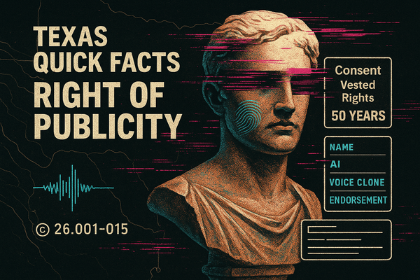 Digital illustration of a glitched rose gold bust with legal callouts like “Consent” and “Voice Clone,” symbolizing Texas’s right of publicity in the AI era.