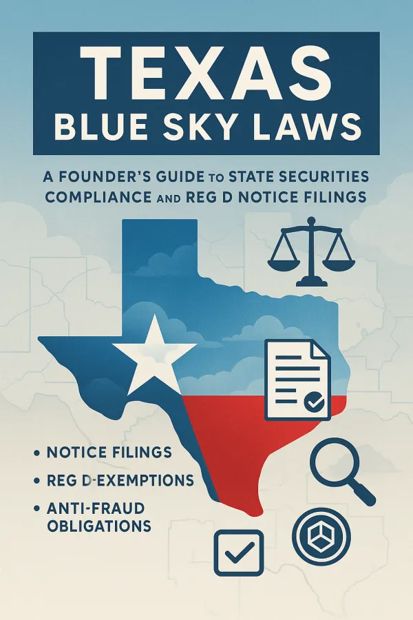 Texas map in blue sky with legal icons, documents, and Reg D compliance infographic for founders