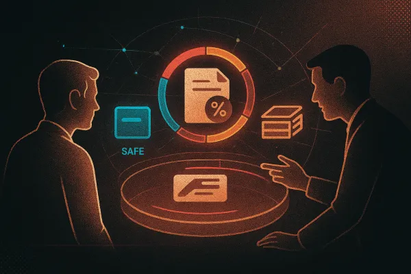 Founder and lawyer review convertible note, SAFE, and priced equity at a glowing console.