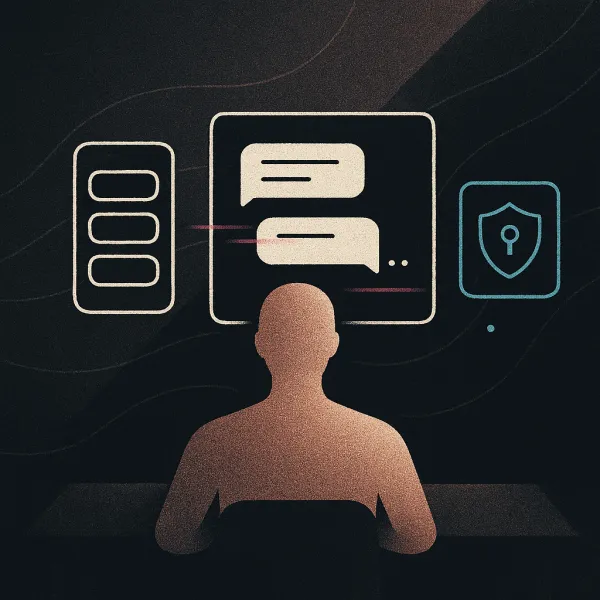 Rose-gold silhouette at desk with abstract steps, chat, and cyan lock on dark textured gradient.